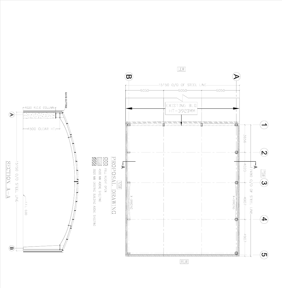 Anonymised industrial-building plan and section reference