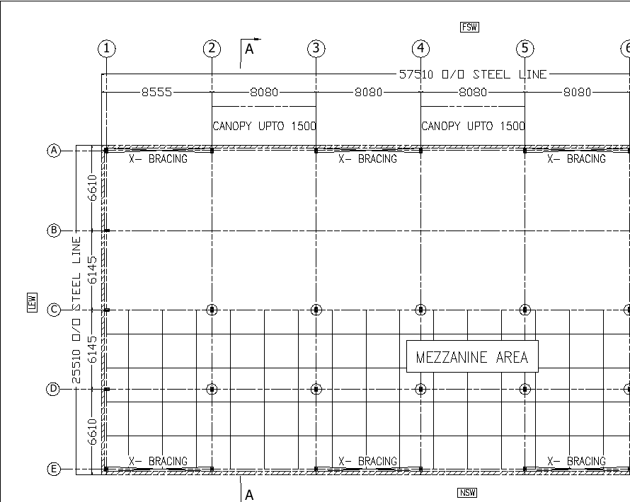 Anonymised steel-frame plan showing mezzanine and canopy coordination